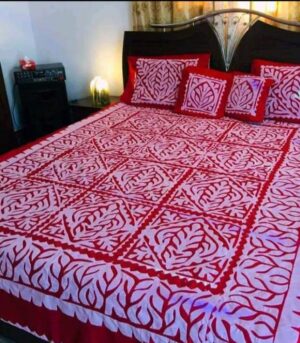 Royal Radiance – King-Size Appliqué Bedsheet Set Red Striped